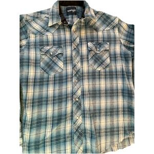 Wrangler Wrancher Men's Gray Plaid Flannel Pearl Snap Button Up Shirt Size Large